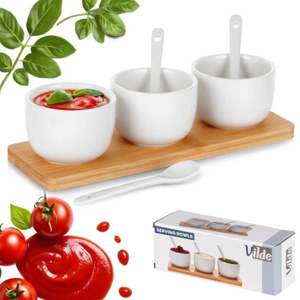 Zestaw miseczek z łyżeczkami na desce do serwowania sosów i przekąsek VILDE 139687 (5 elementów)