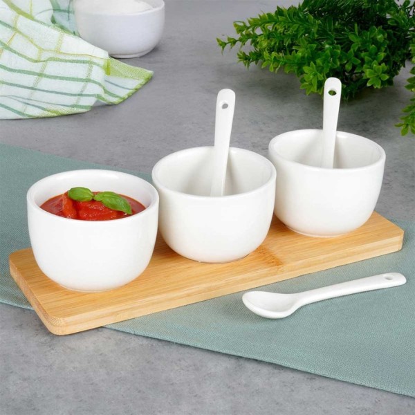 Zestaw miseczek z łyżeczkami na desce do serwowania sosów i przekąsek VILDE 139687 (5 elementów)