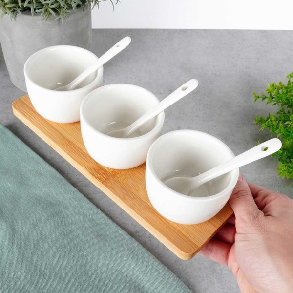 Zestaw miseczek z łyżeczkami na desce do serwowania sosów i przekąsek VILDE 139687 (5 elementów)