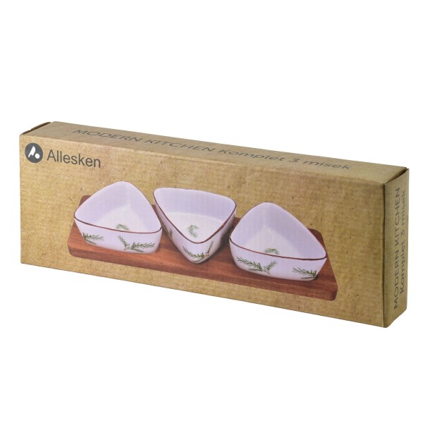 СУЧАСНА КУХОННА ДОШКА з 3 трикутними мисками 9,5x4 см (28x9,5x1,5 см) розмарин 100 мл