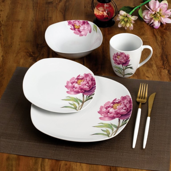 LEA PEONY Komplet obiadowy 16cz.  kubek 370ml/miska 500ml 17/19,5/25,5cm
