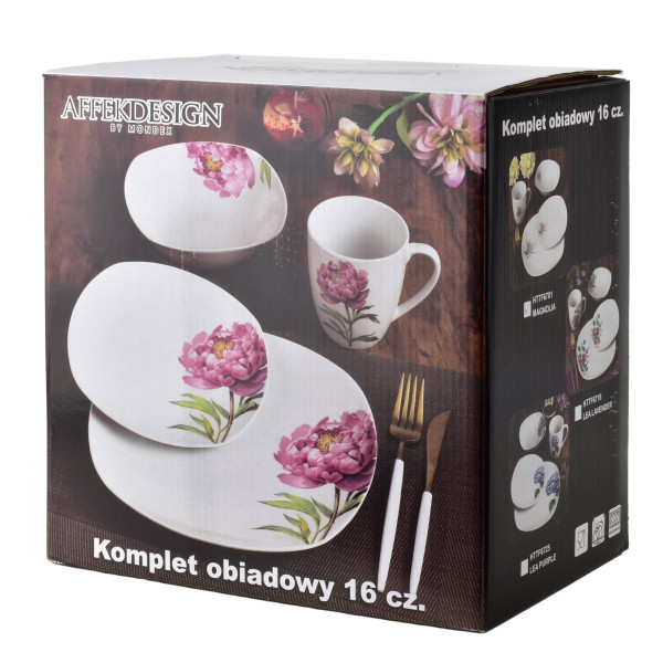 LEA PURPLE Komplet obiadowy 16cz.  kubek 370ml/miska 500ml 17/19,5/25,5cm