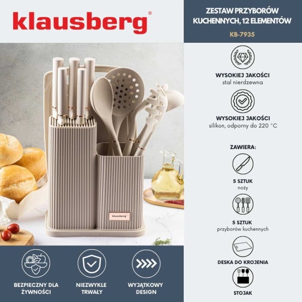 Zestaw noży i przyborów kuchennych Klausberg KB-7935 (z deską w stojaku)