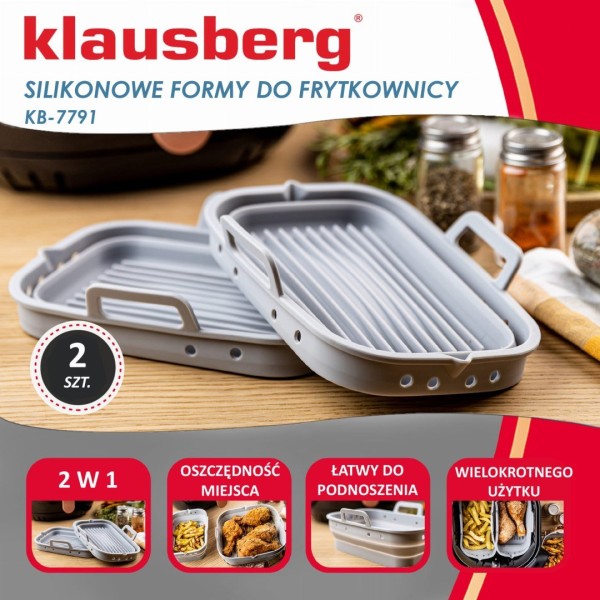 НАБІР СИЛІКОНОВИХ ВСТАВОК ДЛЯ ФРИТЮРНИЦІ БЕЗ ЖИРУ, 2 ШТУКИ, ПРЯМОКУТНІ 20,5X14,5 СМ, СКЛАДАЮЧІСЯ KLAUSBERG KB-7791