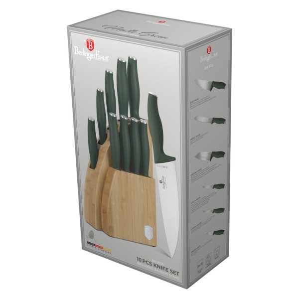 Кухонні ножі | Набір з 9 ножів BerlingerHaus Matte Green BH-3123 у бамбуковій підставці