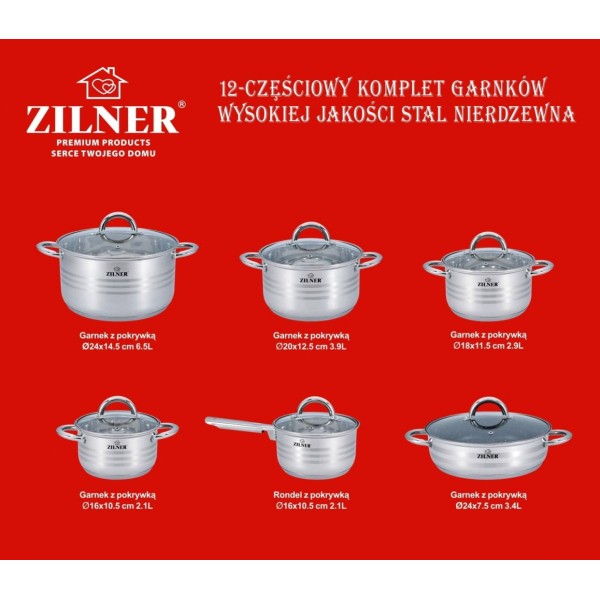 НАБІР СТАЛЕВИХ КАСТРУЛІВ 12 ШТУК ZILNER ZL-8102