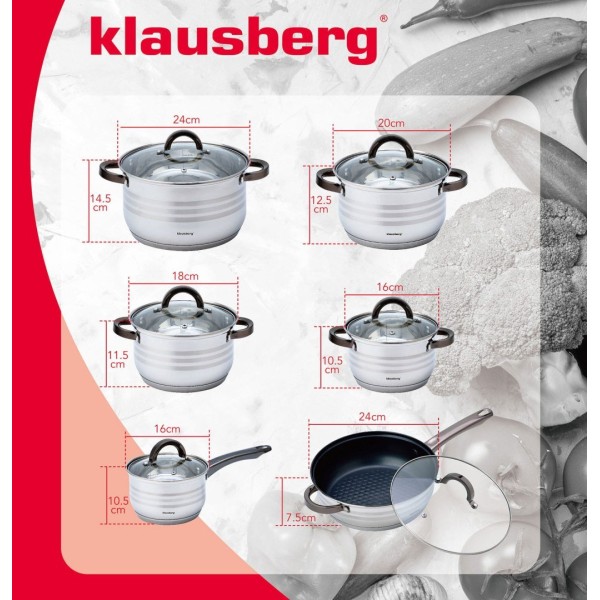 СТАЛЕВІ КАСТРУЛІ 12 ШТУК 2.1/2.1/2.9/3.4/3.9/6.6 Л KLAUSBERG KB-7702