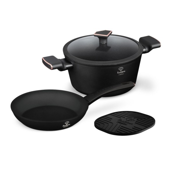 Набір каструлі з кришкою та сковороди 24 см + підставка під телевізор Fashion FTV-0047 Матовий чорний-рожеве золото