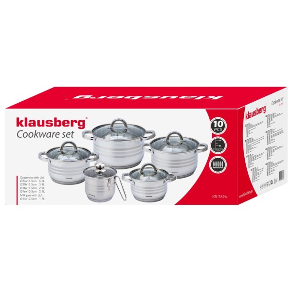 СТАЛЕВІ КАСТРУЛІ 10 ШТУК 1.7/2.1/2.9/3.9/6.6 Л KLAUSBERG KB-7696
