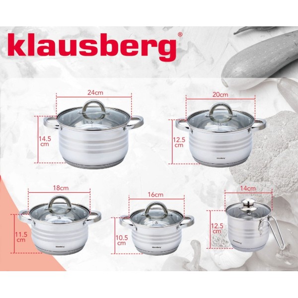 СТАЛЕВІ КАСТРУЛІ 10 ШТУК 1.7/2.1/2.9/3.9/6.6 Л KLAUSBERG KB-7696