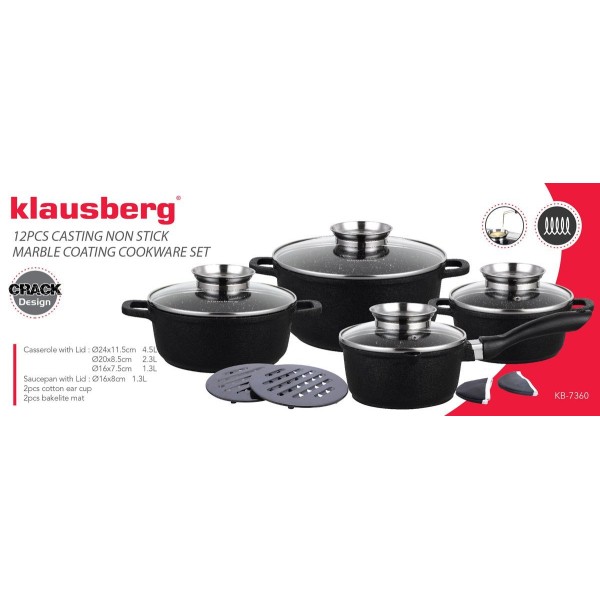 НАБІР З 4 ГРАНІТНИХ ГОРЩИКІВ 1,3/1,3/2,3/4,5 л (12 шт.) KLAUSBERG CRACK DESIGN KB-7360