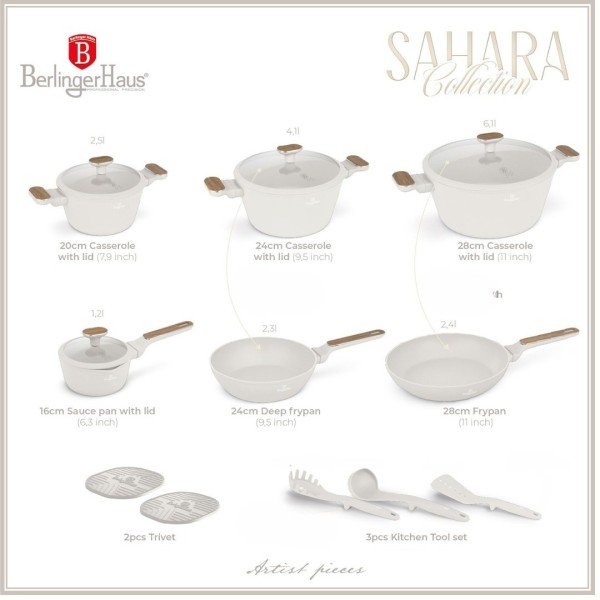 Набір з 15 каструль, сковорідок та аксесуарів BerlingerHaus Sahara BH-8325 з дерев'яними елементами
