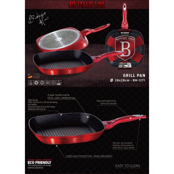 Гранітний гриль-сковорідка 28 см Berlinger Haus Metallic Line бордовий BH-1271-N