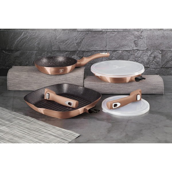 НАБІР З 3 ГРАНІТНИХ СКОВОРОДИН ЗІ З'ЄМНОЮ РУЧКОЮ 5 ЕЛЕМЕНТІВ BERLINGER HAUS METALLIC LINE ROSE GOLD BH-7038