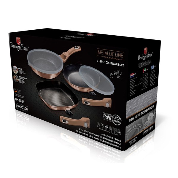 НАБІР З 3 ГРАНІТНИХ СКОВОРОДИН ЗІ З'ЄМНОЮ РУЧКОЮ 5 ЕЛЕМЕНТІВ BERLINGER HAUS METALLIC LINE ROSE GOLD BH-7038