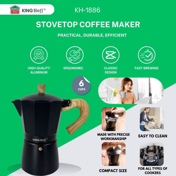 КАВОВАРКА ЕСПРЕСО КАВОВАРКА ПІД ТИСКОМ KINGHOFF 300 МЛ / 6 ЧАШОК KH-1886