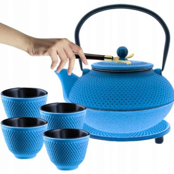 ЧАВУННИЙ СИНІЙ ГЛЕЧИК 900 МЛ З ФІЛЬТРОМ ТА ПОДАРУНКОВИМИ ЧАШКАМИ