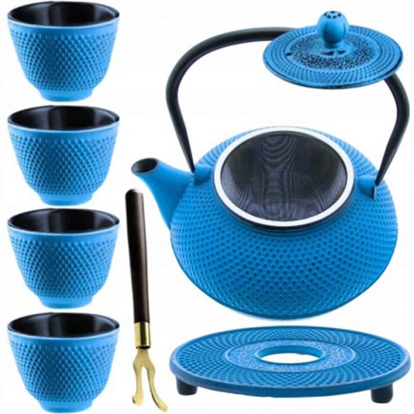 ЧАВУННИЙ СИНІЙ ГЛЕЧИК 900 МЛ З ФІЛЬТРОМ ТА ПОДАРУНКОВИМИ ЧАШКАМИ