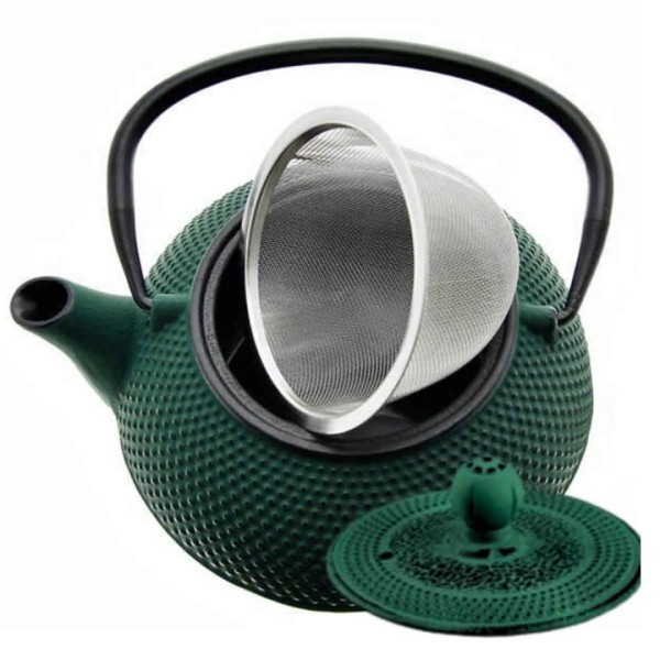 Чавунний глечик зелений 900 мл з нагрівачем та чашками, подарунковий