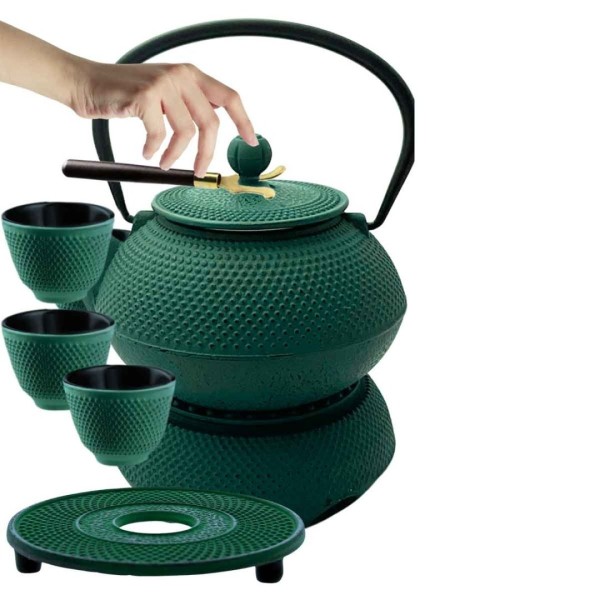 Чавунний глечик зелений 900 мл з нагрівачем та чашками, подарунковий