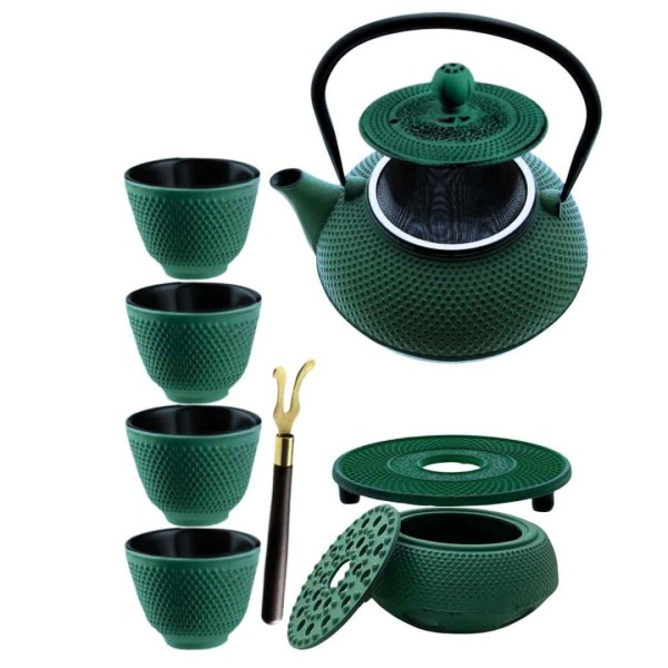 Чавунний глечик зелений 900 мл з нагрівачем та чашками, подарунковий