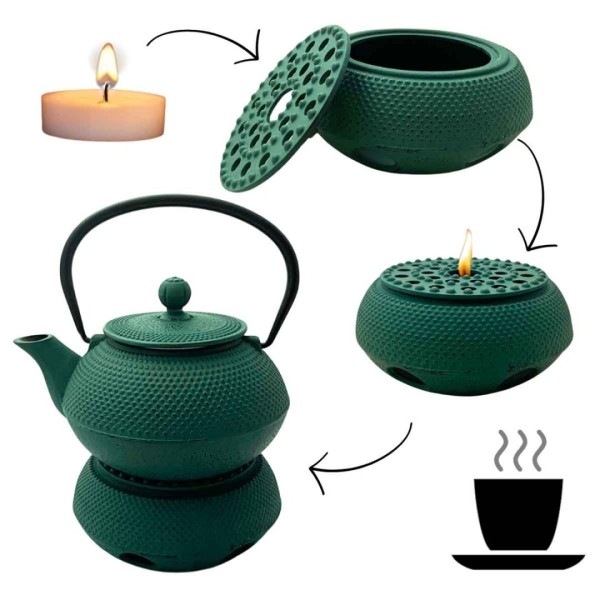 Чавунний глечик зелений 900 мл з нагрівачем та чашками, подарунковий