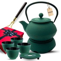 Чавунний глечик зелений 900 мл з нагрівачем та чашками, подарунковий