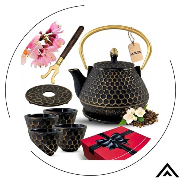 ЧАВУННИЙ ЗОЛОТИСТИЙ ГЛЕЧИК 900 МЛ З ФІЛЬТРОМ ТА ЧАШКАМИ HAGE