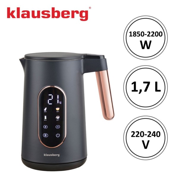 Електричний чайник з контролем температури 1,7 л бездротовий чорний KLAUSBERG KB-7892