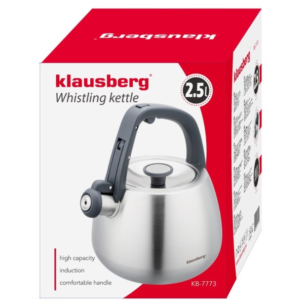СТАЛЕВИЙ ГАЗОВИЙ ЧАЙНИК 2,5 Л ІНДУКЦІЙНИЙ KLAUSBERG KB-7773 СРІБНИЙ САТИН