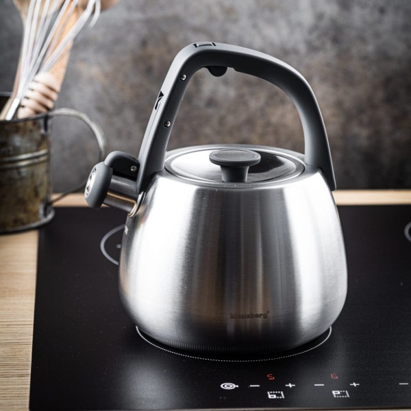 СТАЛЕВИЙ ГАЗОВИЙ ЧАЙНИК 2,5 Л ІНДУКЦІЙНИЙ KLAUSBERG KB-7773 СРІБНИЙ САТИН