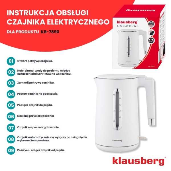 БЕЗДРОТОВИЙ ЕЛЕКТРИЧНИЙ ЧАЙНИК 1,7 Л БІЛИЙ KLAUSBERG KB-7890