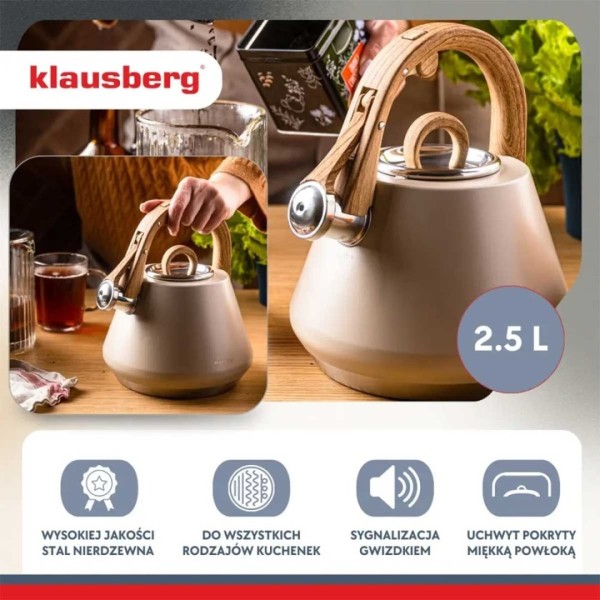 СТАЛЕВИЙ ЧАЙНИК ЗІ СВИСТКОМ 2,5 Л KLAUSBERG KB-7950 БЕЖЕВИЙ