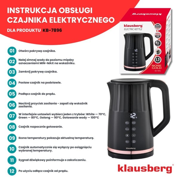 Czajnik elektryczny Klausberg KB-7896 (1.7 l, regulacja temperatury)