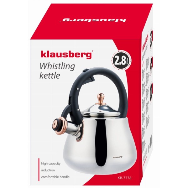 СТАЛЕВИЙ ГАЗОВИЙ ЧАЙНИК 2,8 Л ІНДУКЦІЙНИЙ ТРАДИЦІЙНИЙ KLAUSBERG KB-7776 СРІБНИЙ ГЛЯНЦЕВИЙ