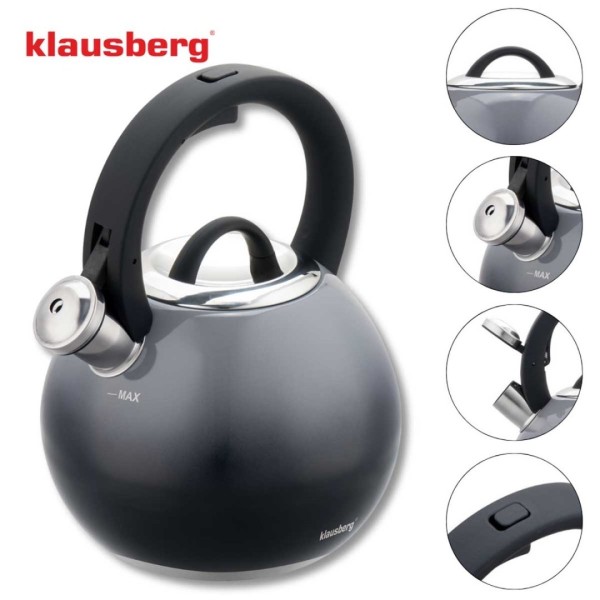 СТАЛЕВИЙ ЧАЙНИК ЗІ СВИСТКОМ 3 Л KLAUSBERG KB-7955 ГРАФІТОВИЙ ГЛЯНЦЕВИЙ