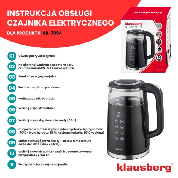 Czajnik elektryczny Klausberg KB-7894 (1.7 l, regulacja temperatury)