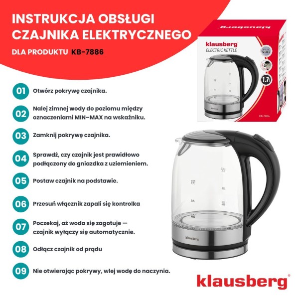 Електричний скляний чайник 1,7 л Klausberg KB-7886
