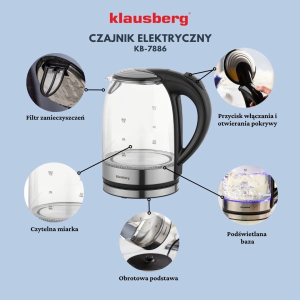 Електричний скляний чайник 1,7 л Klausberg KB-7886