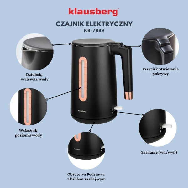 БЕЗДРОТОВИЙ ЕЛЕКТРИЧНИЙ ЧАЙНИК 1,7 Л ЧОРНОГО КОЛЬОРУ KLAUSBERG KB-7889