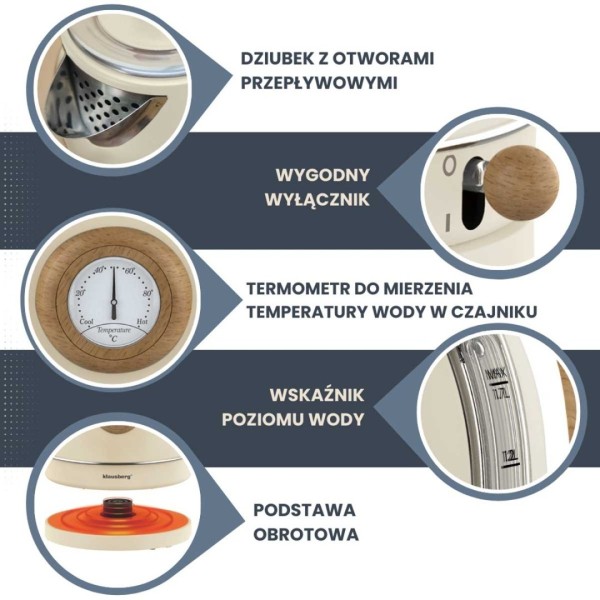 Електричний чайник 1,7 л з термометром Klausberg KB-9006 Retro