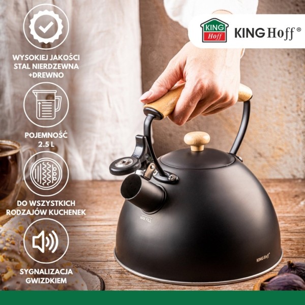 ЧАЙНИК 2,5 Л ЗІ СВИСТКОМ KINGHOFF KH-1999 МАТОВИЙ ЧОРНИЙ
