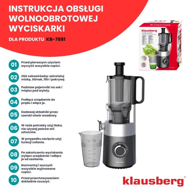 Sokowirówka wolnoobrotowa Klausberg KB-7881 (180 W)