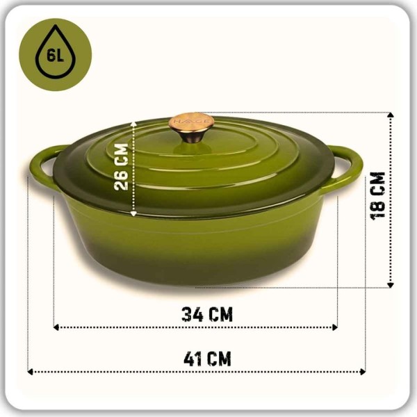 Емальована чавунна сковорода для запікання 6 л HAGE оливкова