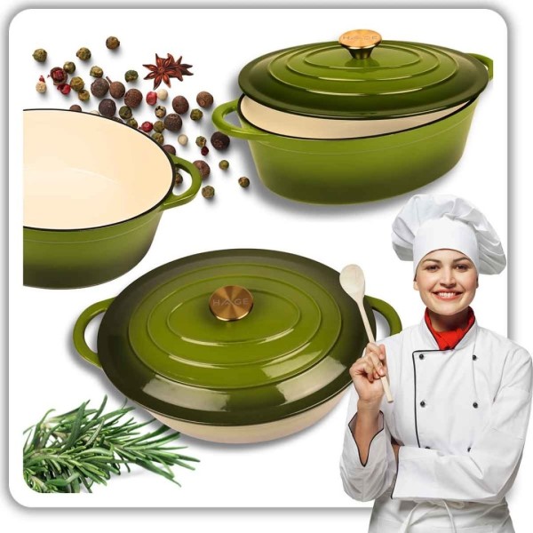 Емальована чавунна сковорода для запікання 6 л HAGE оливкова