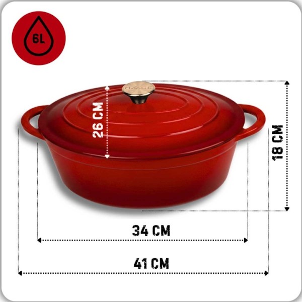 Емальована чавунна сковорода для запікання 6 л HAGE червоного кольору