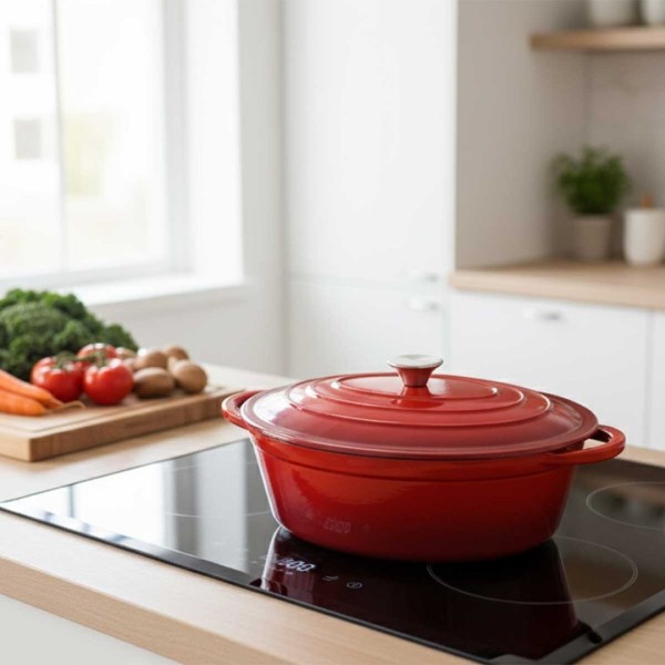 Емальована чавунна сковорода для запікання 6 л HAGE червоного кольору