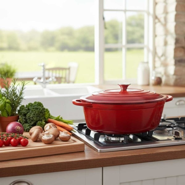 Емальована чавунна сковорода для запікання 6 л HAGE червоного кольору