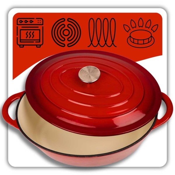 Емальована чавунна сковорода для запікання 6 л HAGE червоного кольору