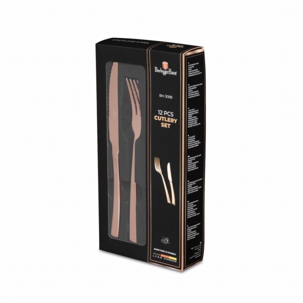 НАБІР СТОЛОВИХ ПРИБОРІВ ДЛЯ СТЕЙКА ТА М'ЯСА З 12 ПРЕДМЕТІВ НА 6 ОСІБ, БЛИСКУЧЕ РОЖЕВЕ ЗОЛОТО BERLINGER HAUS РОЖЕВЕ ЗОЛОТО BH-3088
